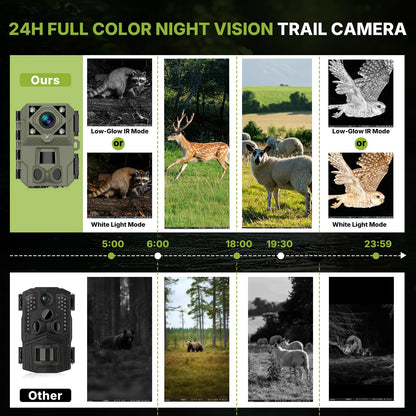 WOSPORTS Night Full Color Trail Camera,5K 60MP 0.1s Trigger Game Camera with Clear 100ft,Dual Mode(Low-Glow IR & White Light),IP66 Trail Cam for Wildlife Monitoring & Security, H.264 MP4 Video