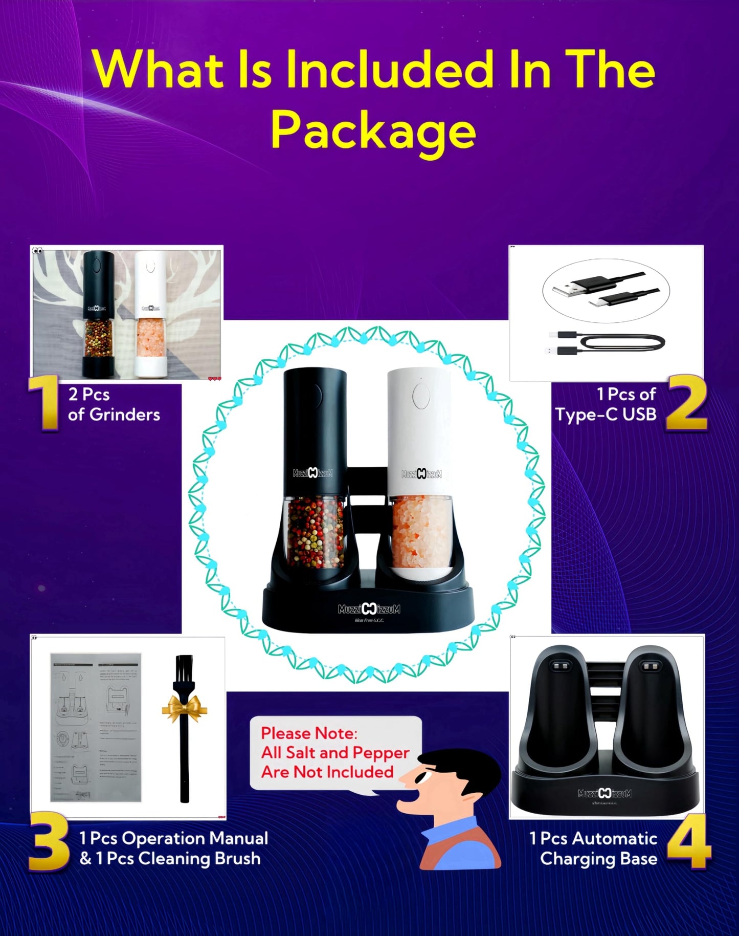 Electric Salt and Pepper Grinder Set with USB Charging Base, Rechargeable, Refillable, Adjustable Coarseness, ABS Automatic Salt & Pepper Mills, One-Hand Operation, 2 Pack 95ml+95ml(Black+White)