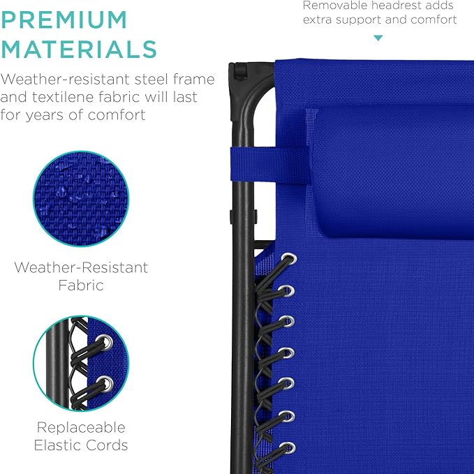 Best Choice Products 30” Wide Folding Zero Gravity Outdoor Recliner Patio Lounge Chair w/Adjustable Canopy Shade, Headrest, Side Accessory Tray - Cobalt Blue
