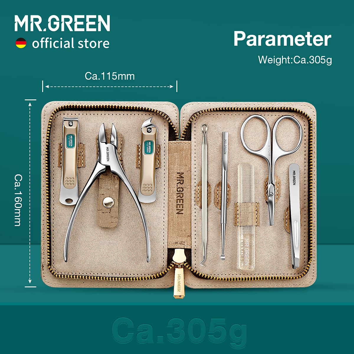MR.GREEN Manicure Sets Pedicure Kits Stainless Steel Nail Clipper Personal Care Tools with PU Leather Case (Green)