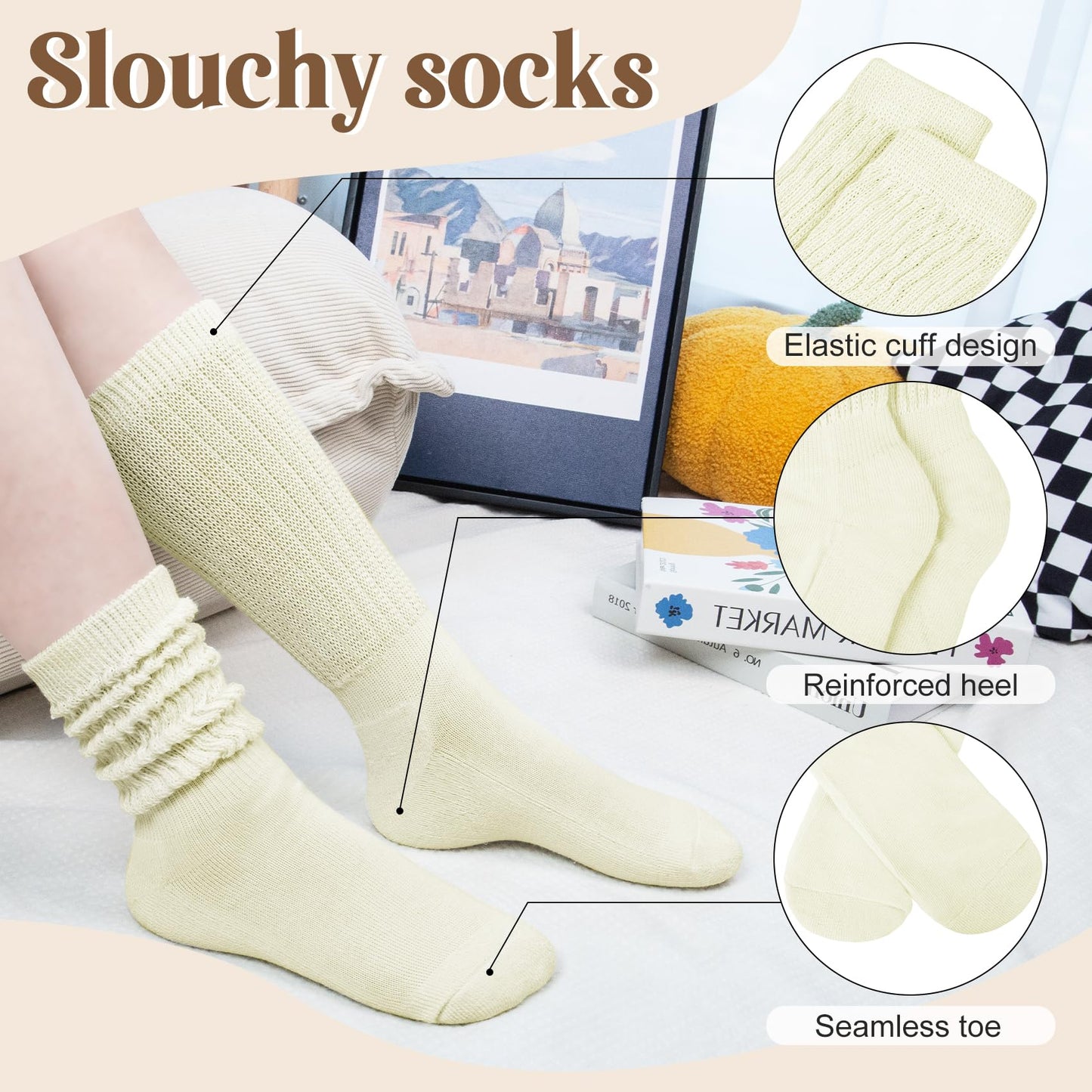 Justay 5 Pairs Slouchy Socks for Women - Slouch Long Crew Knit Boot Athletic Calf Tube Scrunch Socks