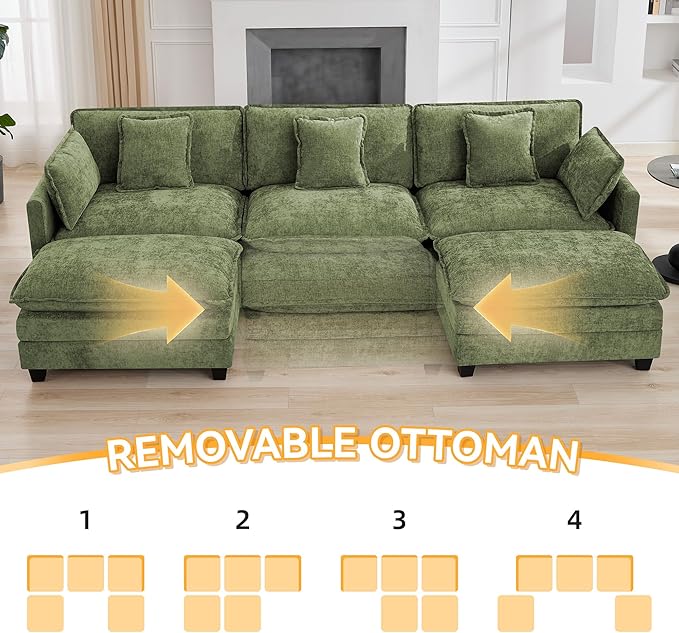 111'' Sectional Cloud Deep Seat Couch, Oversized Chenille U Shaped Sectional