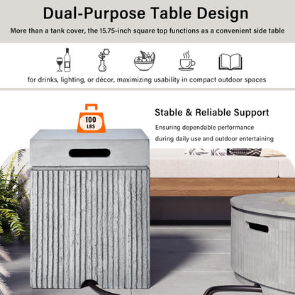 Merax Outdoor 15.7" Propane Tank Cover Table, MGO Square Gas Tank for Fire Pit Table & Gas Grill Patio Furniture, Fluted Tank Container Fits 20 lbs Propane Tank, Patio Side Table w/Handle Slots, Gray
