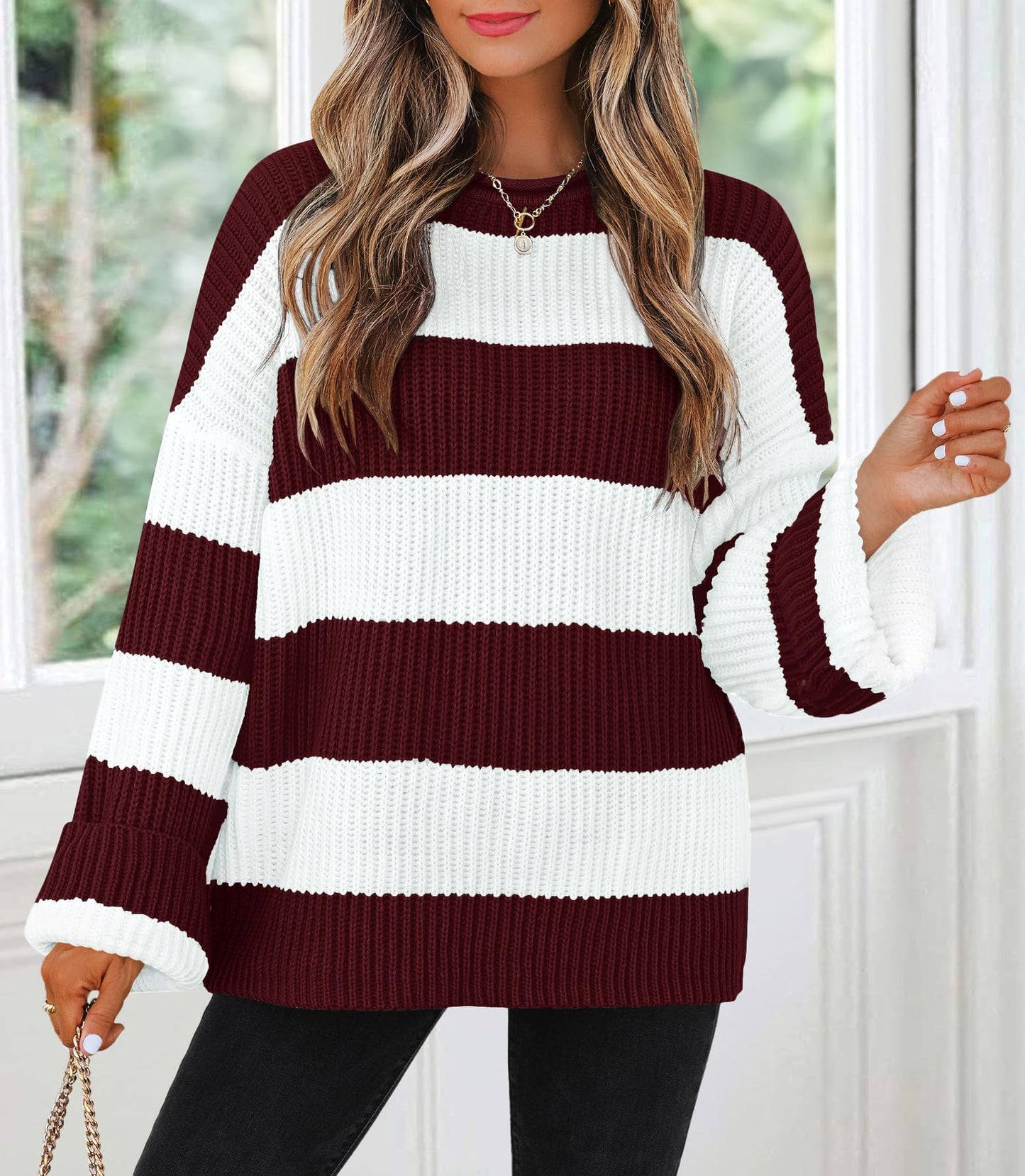 ZESICA Women's 2025 Fall Long Sleeve Oversized Striped Color Block Comfy Loose Crew Neck Knitted Pullover Sweater