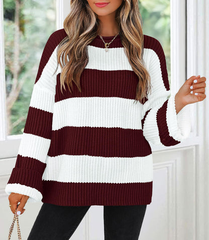 ZESICA Women's 2025 Fall Long Sleeve Oversized Striped Color Block Comfy Loose Crew Neck Knitted Pullover Sweater