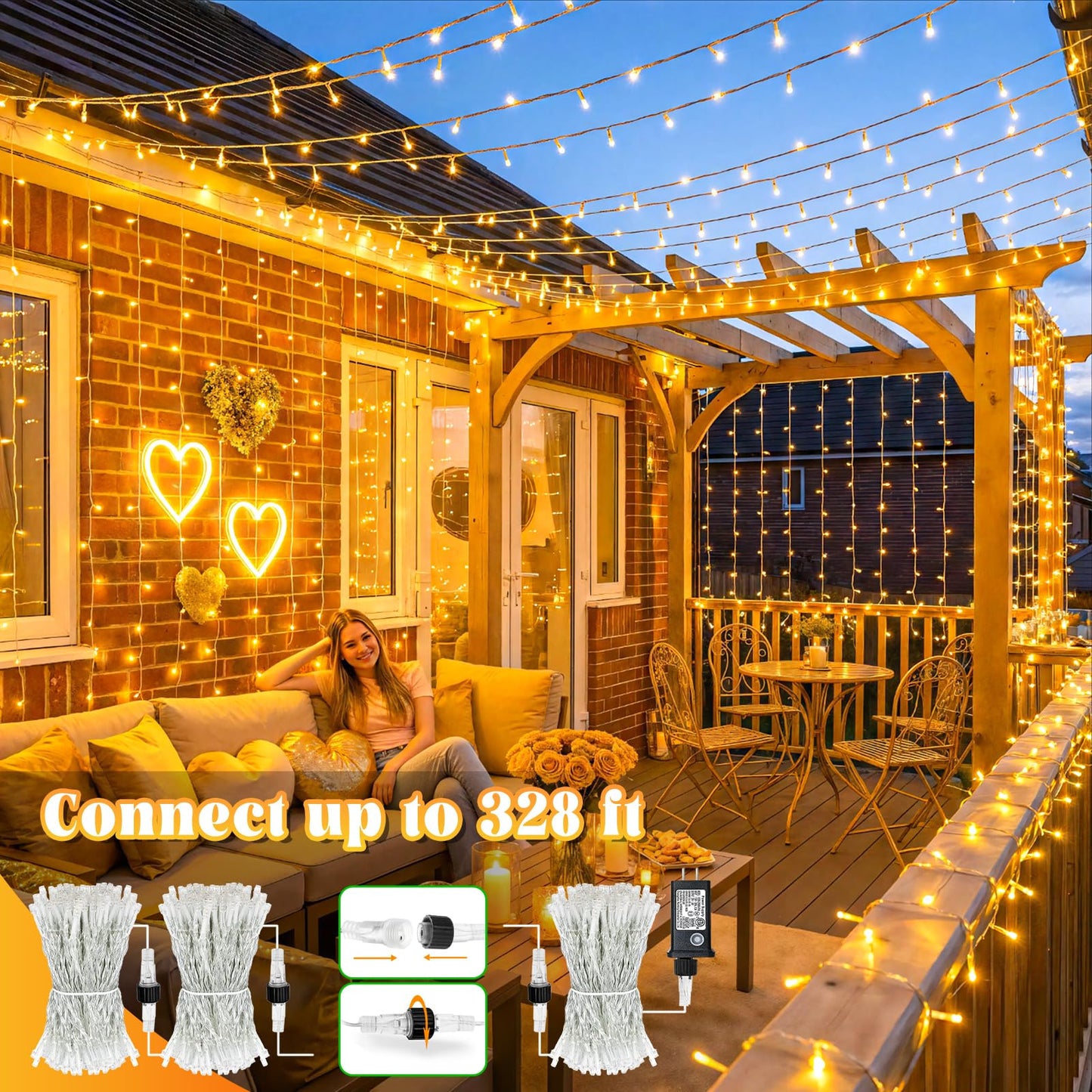 Nielfoi 100FT 300 LED Outdoor String Lights, Plug in Connectable Christmas Lights Indoor, Waterproof 8 Modes String Lights for Outside Bedroom Patio Wedding Garden Party Decorations, Warm White