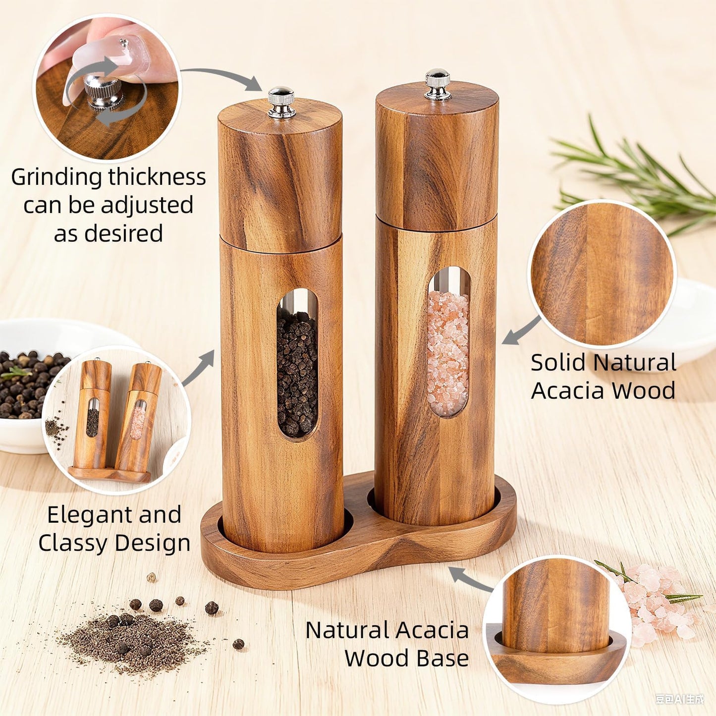 Acacia Wood Salt and Pepper Grinder Set with Base, Refillable Wooden Pepper & Salt Mill with Adjustable Ceramic Grinder for Kitchen & Dining,Durable Manual Salt Grinder