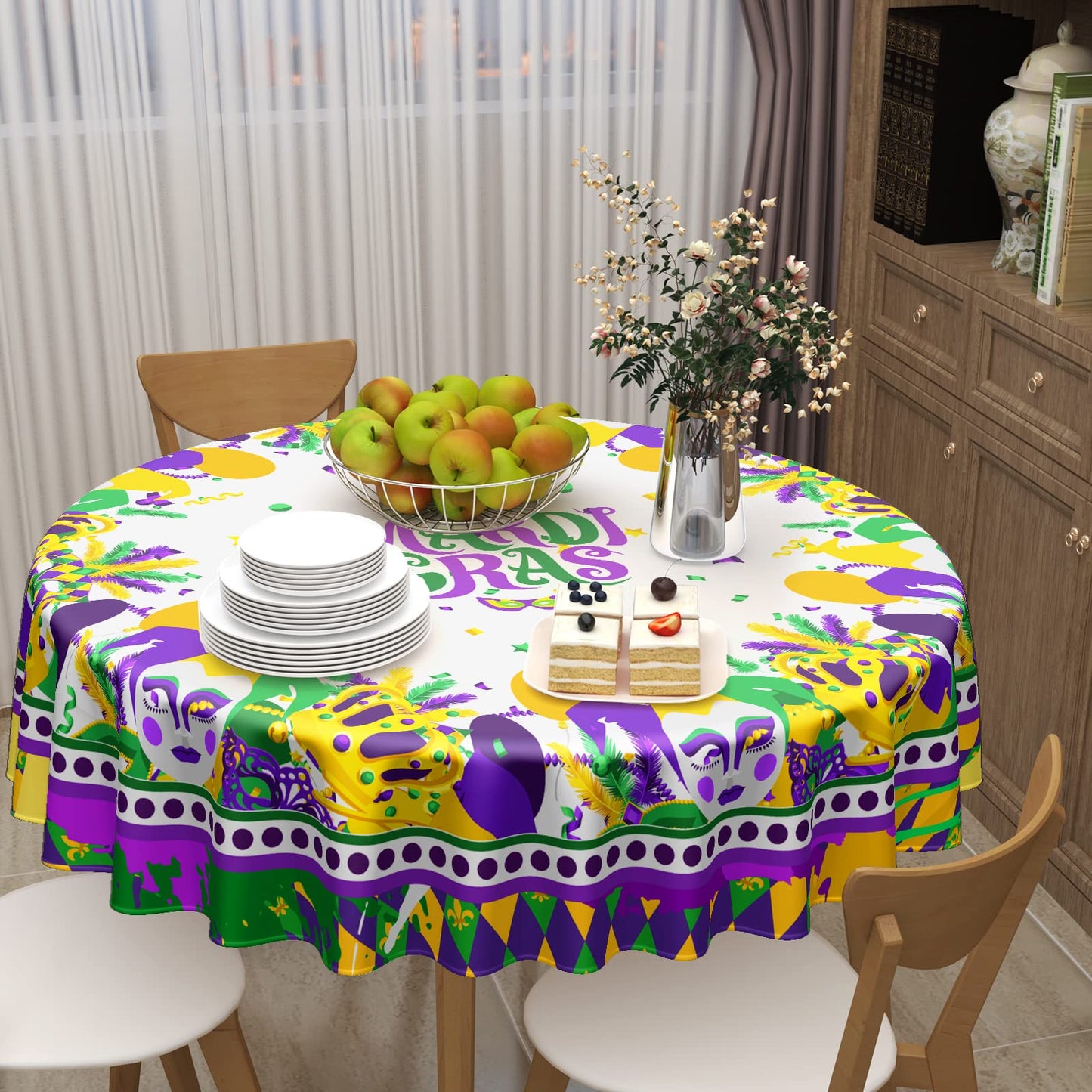 Giwawa Mardi Gras Round Tablecloth 60 Inch, Carnival Mask Balloon Table Cover Seasonal Festival Holiday Kitchen Dining Table Decoration for Indoor Outdoor Home Party Decor