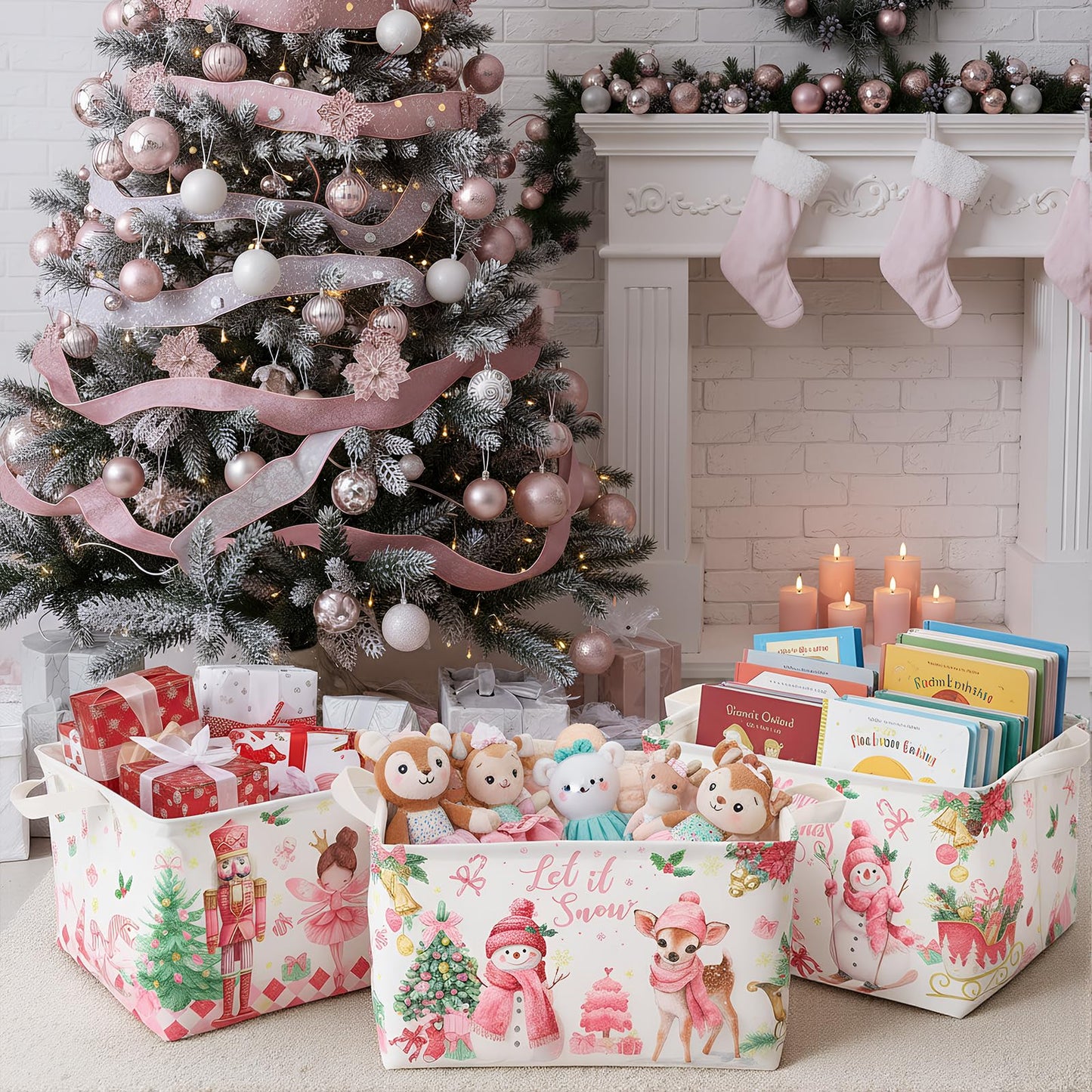 FoldTier 3 Pcs Pink Christmas Baskets Large Christmas Gift Storage Basket with Handles Foldable Snowman Santa Nutcracker Storage Bins Empty Collapsible Holiday Cube Box for Xmas Gifts Toy Clothes Book