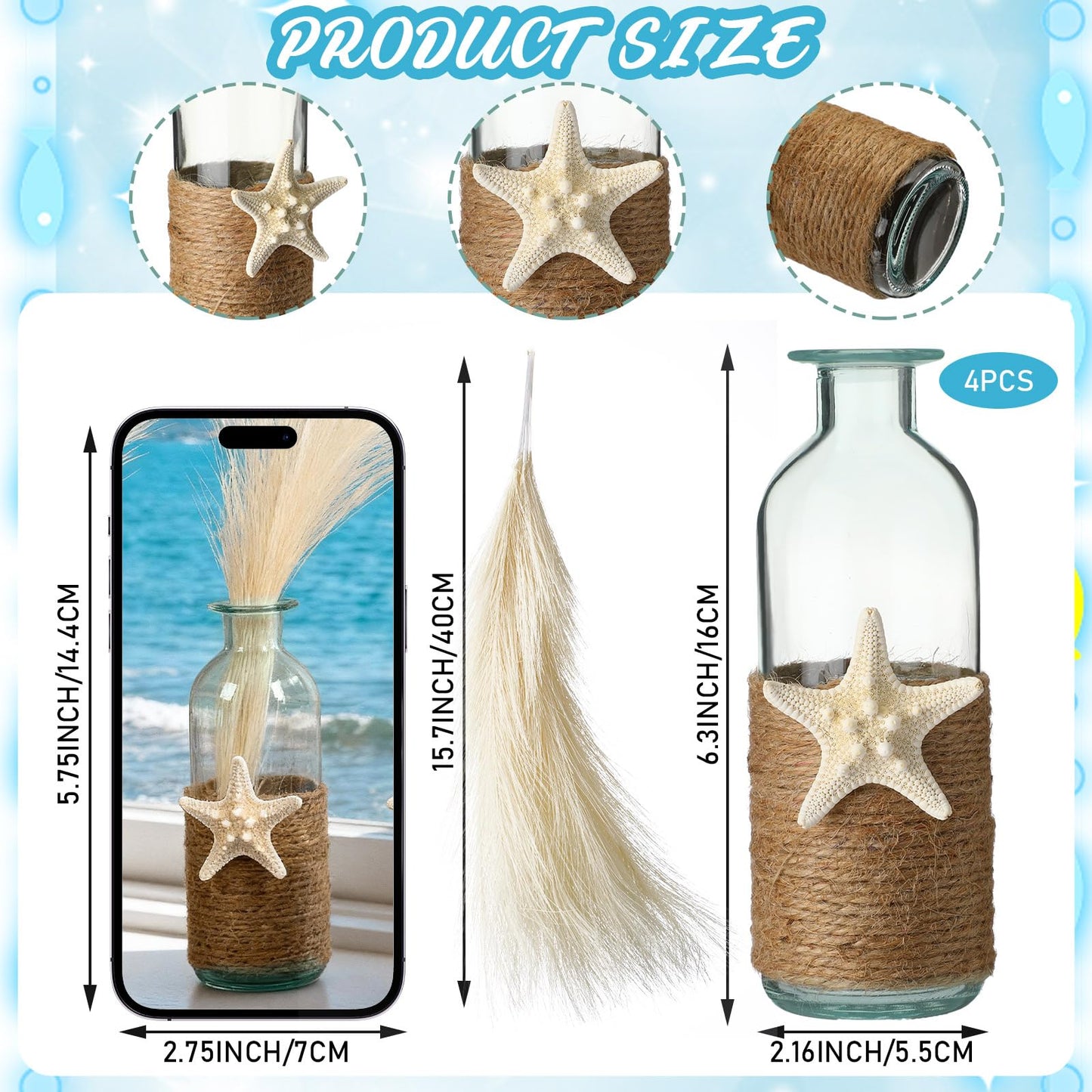 Vicenpal Set of 4 Blue Bud Glass Vase Coastal Starfish Small Flower Vase with Artificial Reeds Boho Rope Beach Decorative Table Centerpiece for Coastal Nautical Wedding Floral Room Decor