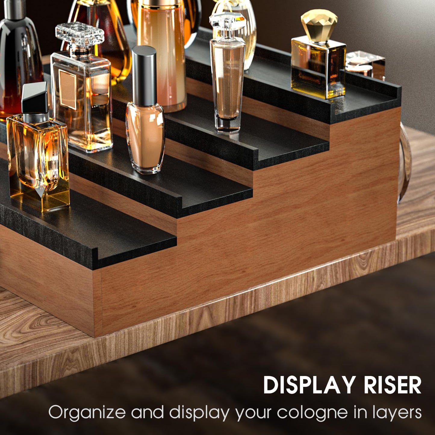Sephyroth Cologne Organizer for Men 4 Tier of Elevated Cologne Display Shelf with Drawer Storage Perfume Organization and Storage Display Risers,Great Gift for Man(4Tier-WalnutBalck)