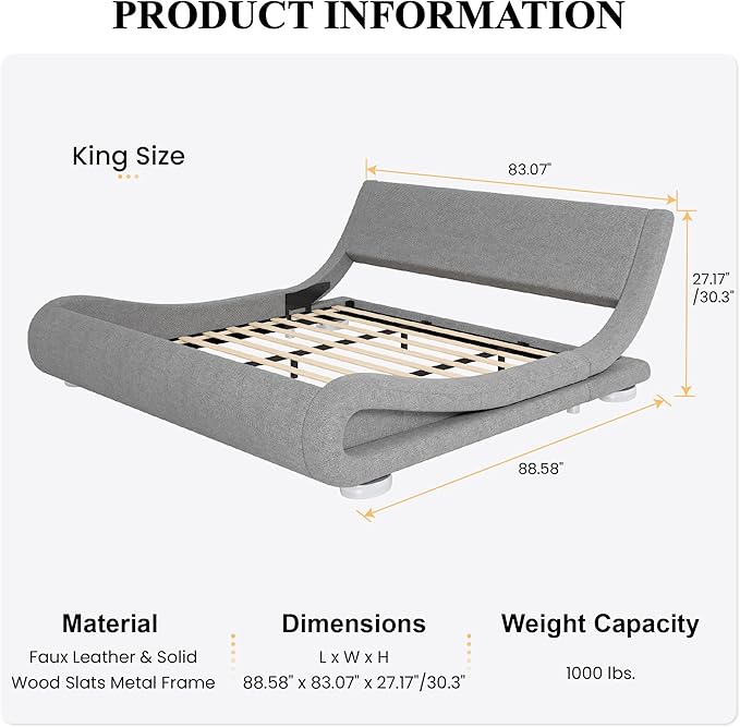 SHA CERLIN King Size Upholstered Bed Frame, Deluxe Low Profile Sleigh Bed