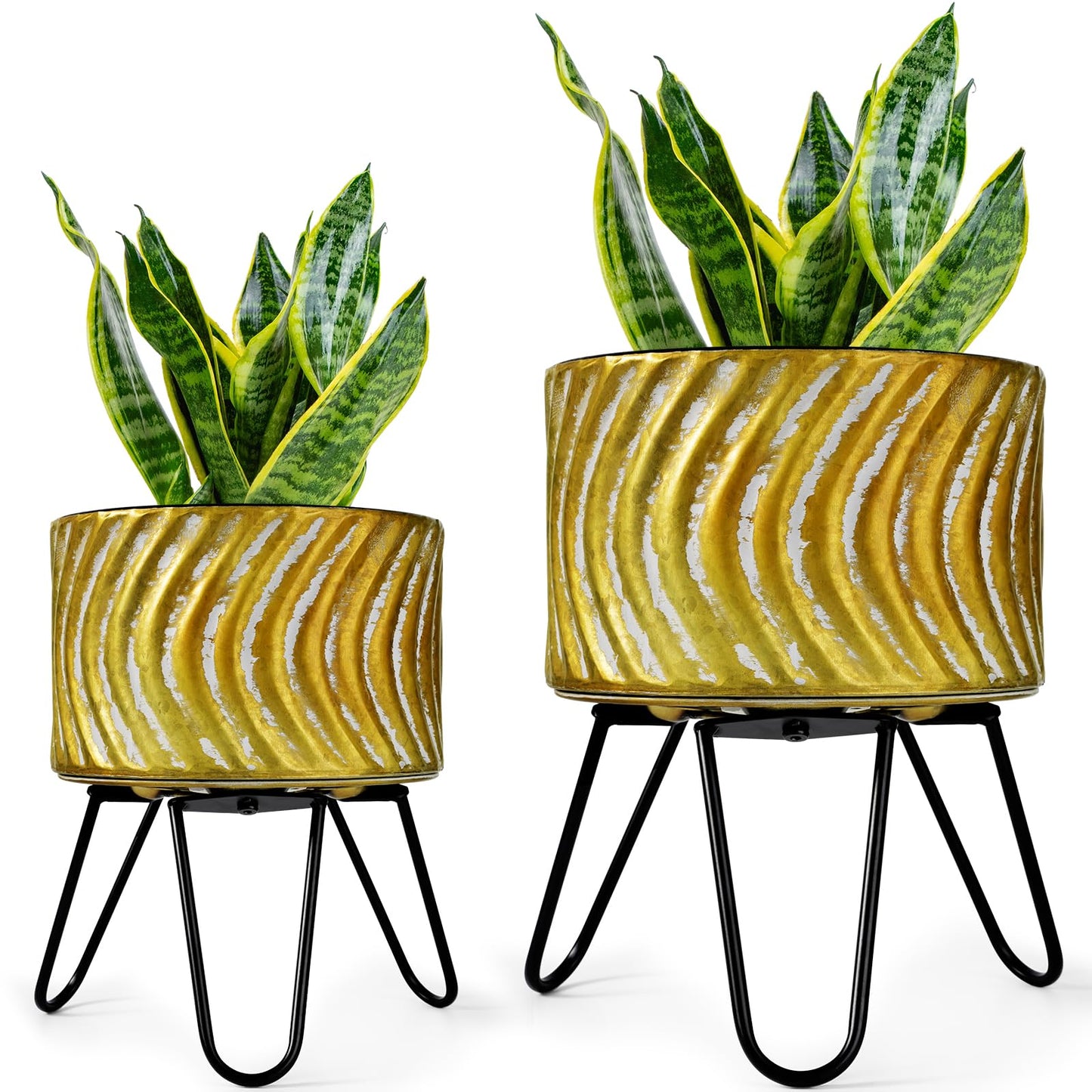 Harvest Land Plant Pots with Stand, Set of 2 Large Modern Planters Metal Tall Handmade Flower Pots with Drainage Holes Indoor Outdoor,Gold