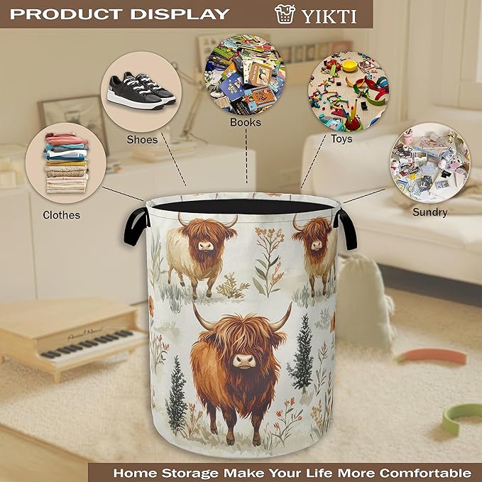 Laundry Hamper, Highland Cow Laundry Basket, Farmhouse Watercolor Flower