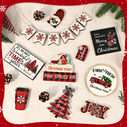 20 Pcs Christmas Tiered Tray Decor - Christmas Decorations Indoor Table Centerpieces Red and Black Buffalo Plaid Tray Decor with Snowflake, Xmas Tree, Gnome Wooden Signs for Home Shelf Decor