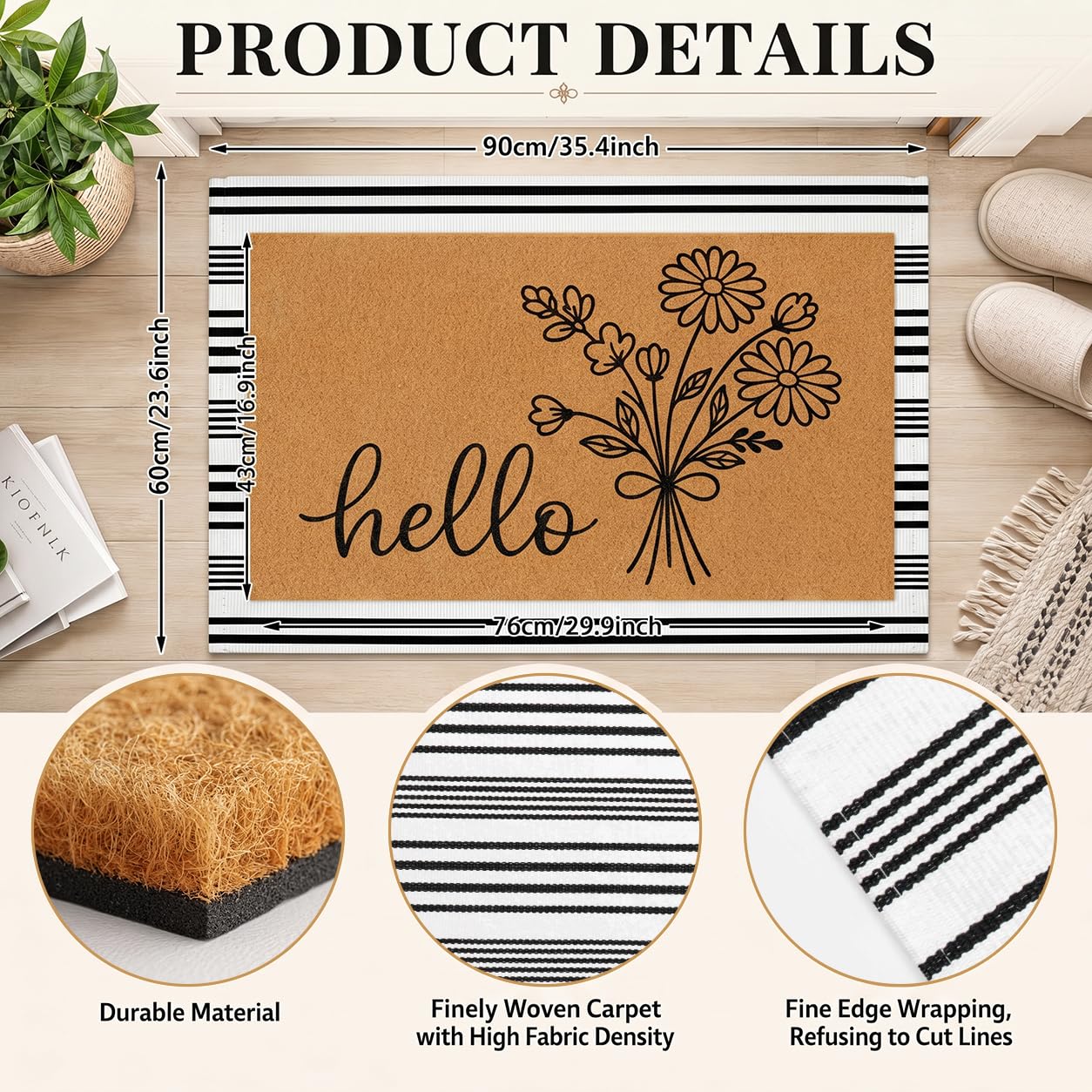 Britimes 3 Pcs Floral Hello Front Door Mat and Wreath Set Faux Coir Doormat Black and White Striped Layering Rug and 19" Greenery Wreath with Bow Outside Decor for Porch