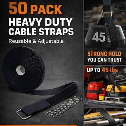 1" x 32ft Heavy Duty Hook and Loop Straps with 50 Metal Buckles, Adjustable Reusable Cinch Straps, Nylon Cut-to-Length Long Cable Straps and Cord Ties Roll for Storage and Cord Organizer, Black