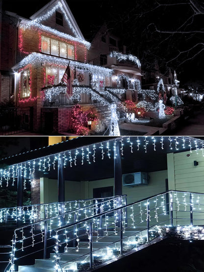 ROSCOO 32.8FT Icicle Lights, Christmas Outdoor with 400LED 75 Drops, IP65 Waterproof Eaves Lights, 8 Modes, for Christmas Eaves Garden Room Decoration Cool White