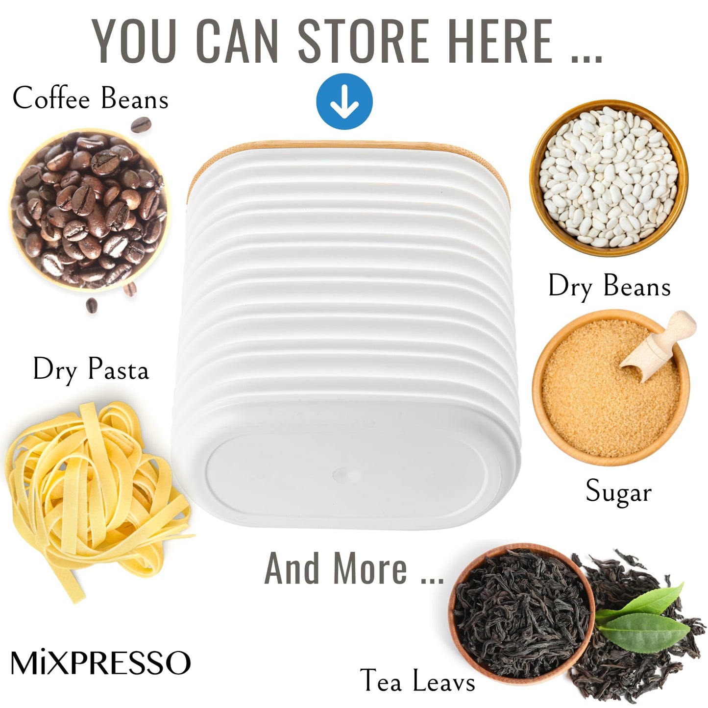 Mixpresso White Canisters Sets for the Kitchen – 3-Piece Airtight Plastic Sugar Container Set with Bamboo Lids in Three Different Sizes – Decorative Modern Storage Jars for Coffee, Tea & Countertops