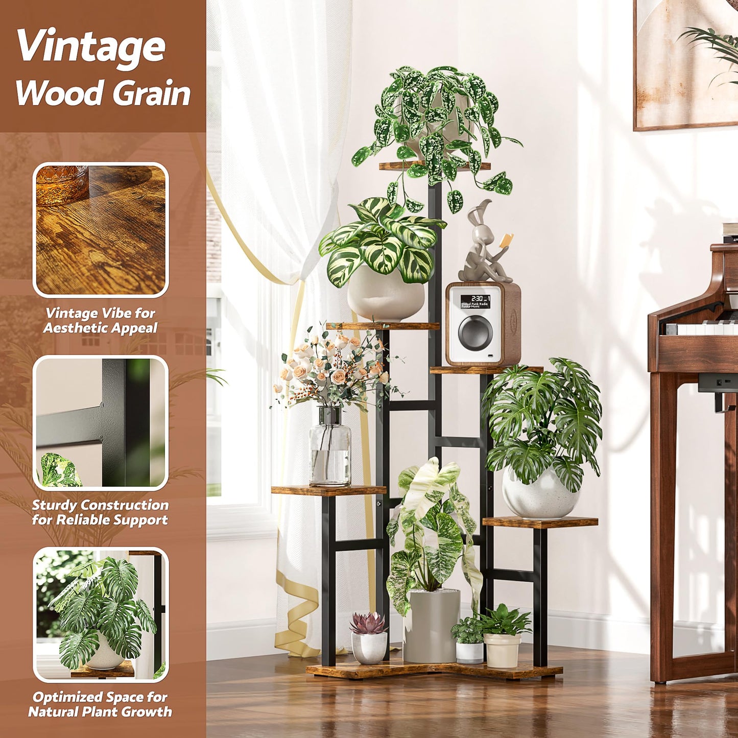 NQW 5 Tier Corner Plant Stand Indoor Wood, Metal Plant Shelf Outdoor, Tall Plant Stands Plant Tables Indoor Plant Rack Tiered Plant Stand Garden Accessories for Balcony Patio -BlackSquare