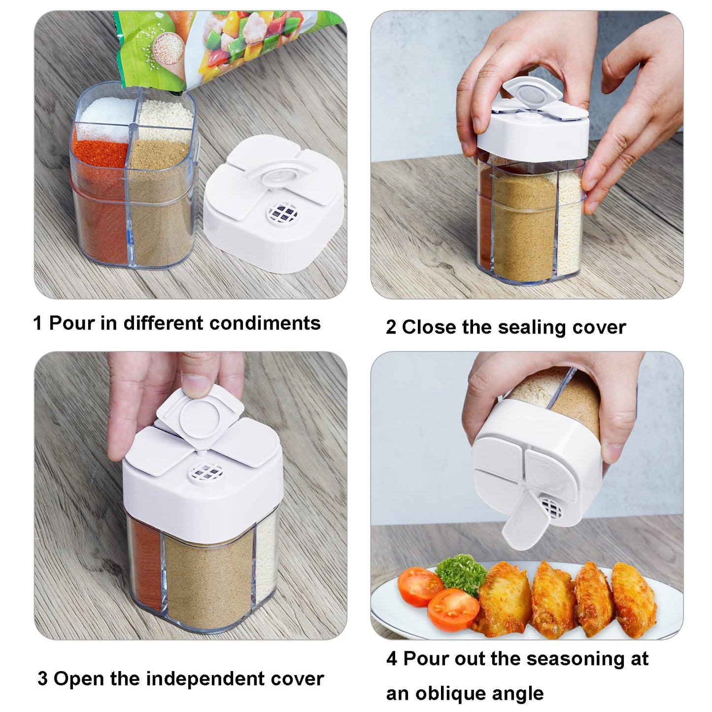 Miayon 4 Pack 4 in 1 Salt and Pepper Shaker Travel Spice Container Camping Seasoning Shaker RV Condiment Jars with Lid Camping Spice Kit for Home Restaurant Travel RV Cooking BBQ