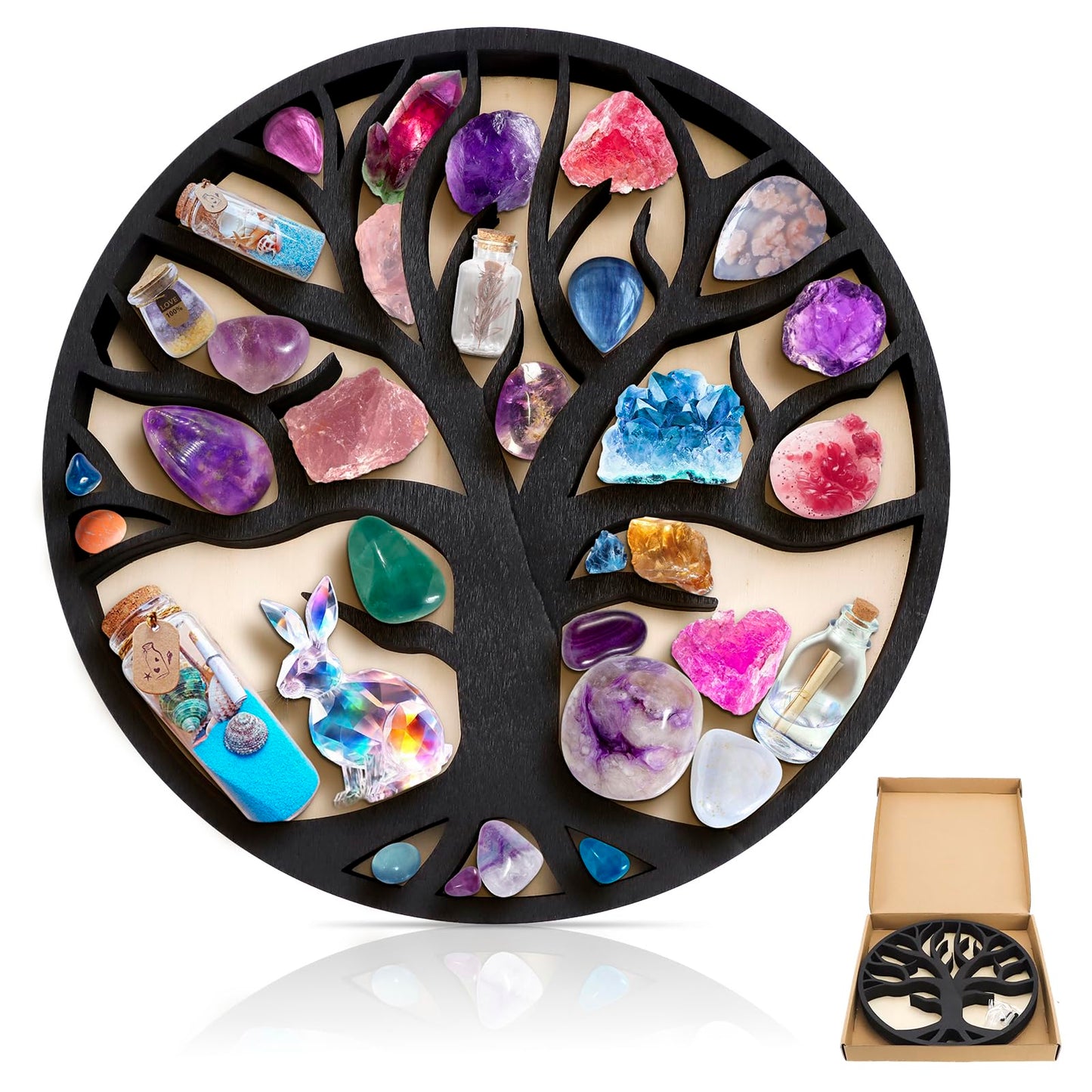 CEYAZYE Crystal Display Shelf, Wooden Tree of Life Trinket Holder, Decorative Boho Home Wall Decor, Cute Hanging Shelves for Stones Essential Oils Gemstones and Treasures Storage 11.8x11.8 Inches
