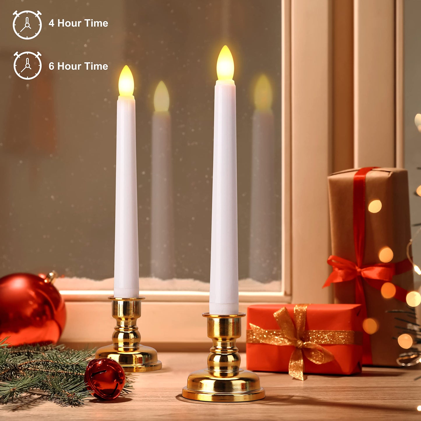 FREEPOWER Flameless Window Candles with Gold Bases, Battery Operated Taper Candle with 4H/6H Daily Timer, Remote Window Candle with Unique Flame