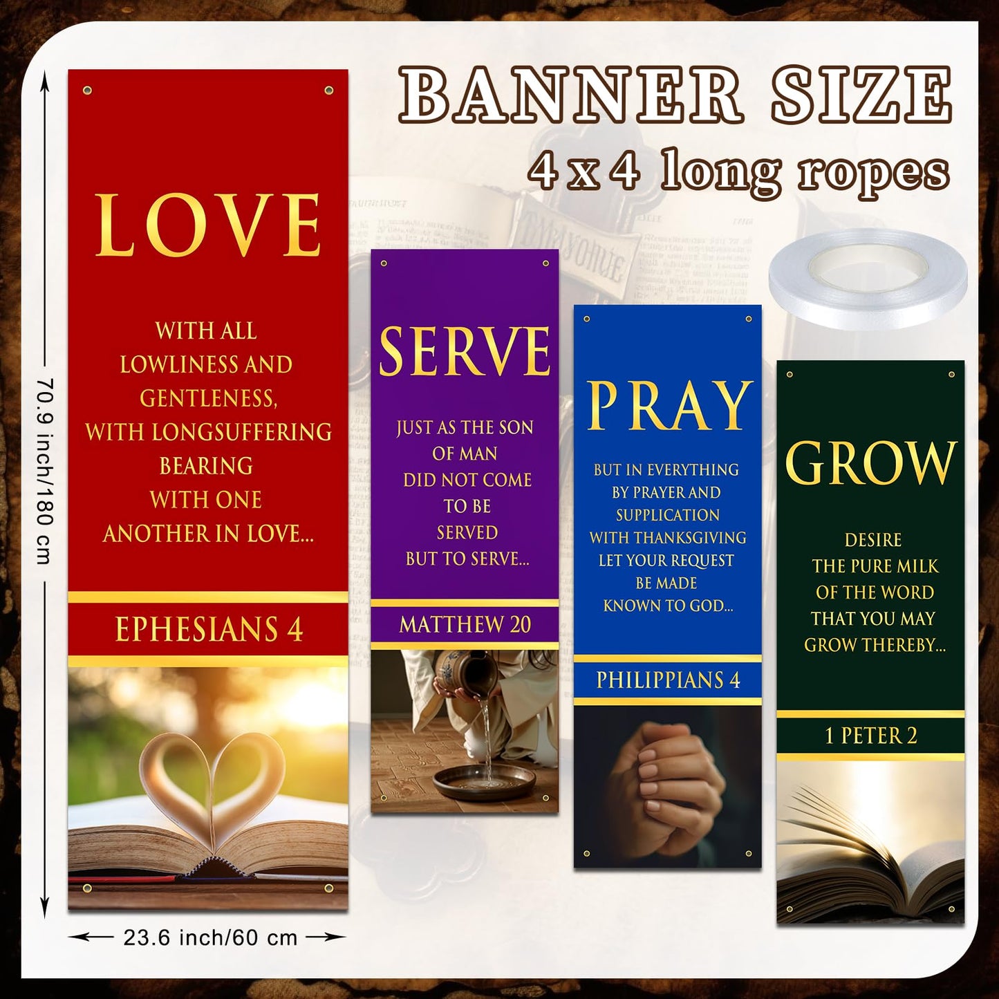 4 Pcs 5.9 Ft Church Banners with Scripture Worship Christmas Banner for Sanctuary Wall Christian Bible Prayer Holiday Flags Welcome Religious Praise Hanging Signs Decorations For Church Outdoor