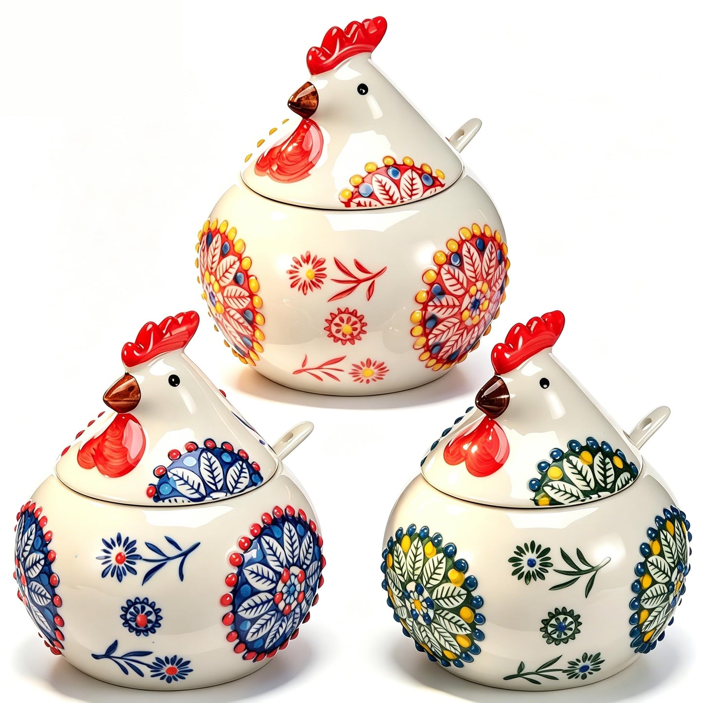 TMWEFUSC 3 Pack Ceramic Salt Cellar with Lid and Spoon, 13.5oz Salt Containers For Countertop Decor Chicken Salt Jar For Sugar, Pepper, Spice,Seasonings