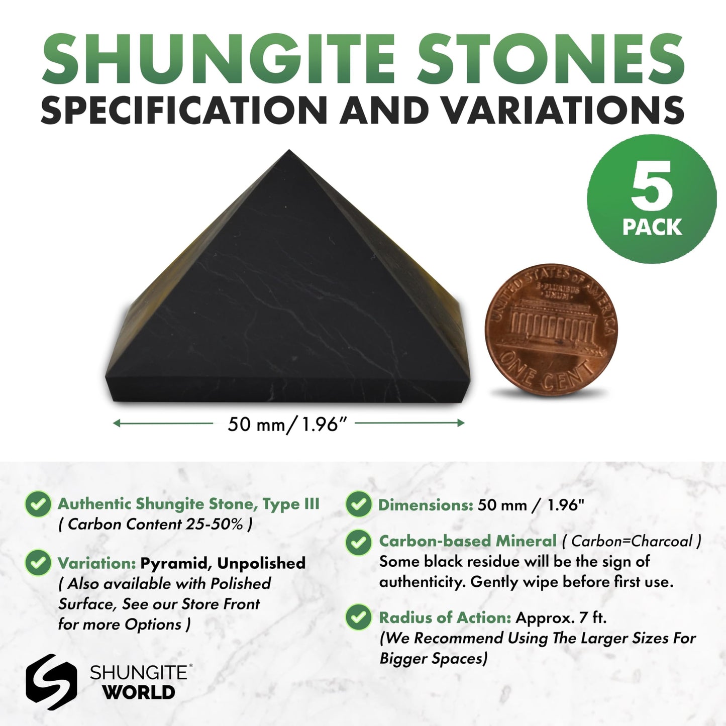 Shungite World 5 pcs Authentic Shungite Pyramid Unpolished 50 mm / 1.96" Chakra Energy Natural Healing Crystal Real Black Pyramid Home Office Protection Desk Decor Meditation Reiki Grounding Stone