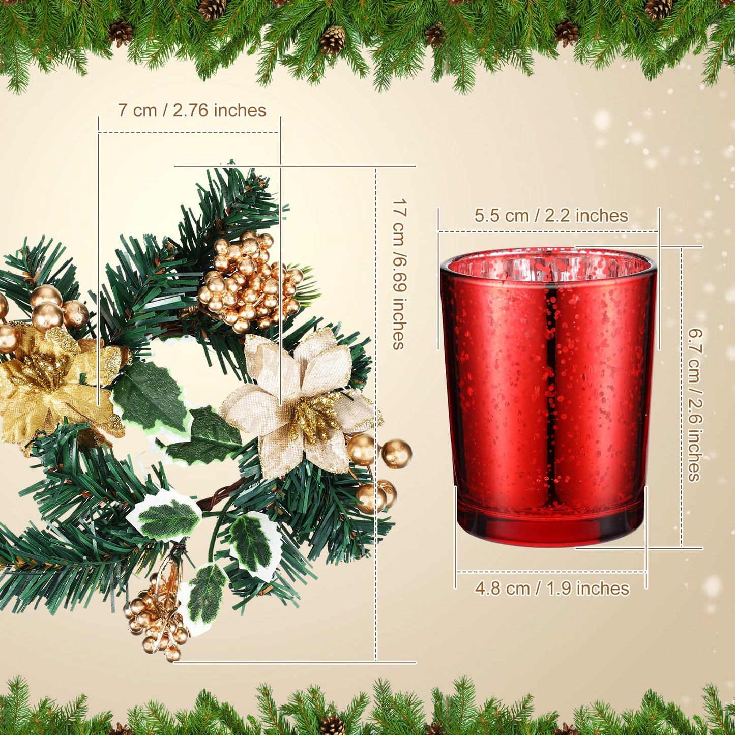 Ceenna Set of 16 Christmas Candle Ring Wreaths with Glass Votive Tealight Holders, Candle Rings and Gold Poinsettia Small Christmas Decor Table Centerpieces Party Ornament