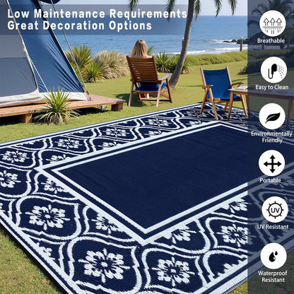 HUGEAR Patio Rug 10'x14' Waterproof Outside Area Rugs Reversible Blue Outdoor Plastic Straw Carpet for RV Deck Camping Entryance Porch Picnic Balcony Beach