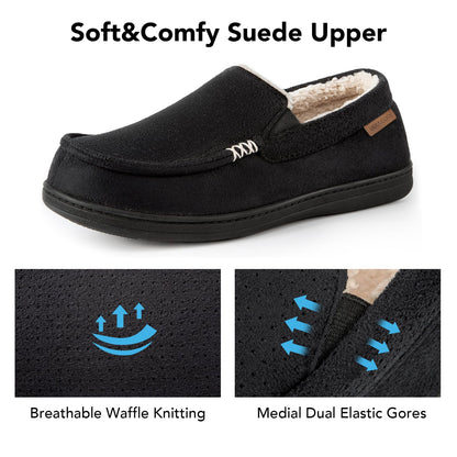 VeraCosy Men's Women's Comfy Suede Memory Foam Moccasin Slippers Warm Sherpa Lining House Shoes with Anti-Skid Rubber Sole, Black /Men, 9 UK Men/ 10 UK Women