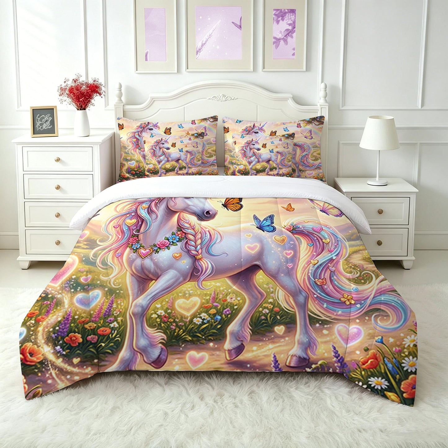FUYEUN Unicorn King Comforter Set with Sheets for Kids Boys Girls Dreamy Rainbow Print 7 Pieces Cute Bedding Set Cartoon Animal Bed in a Bag Princess Room Decor
