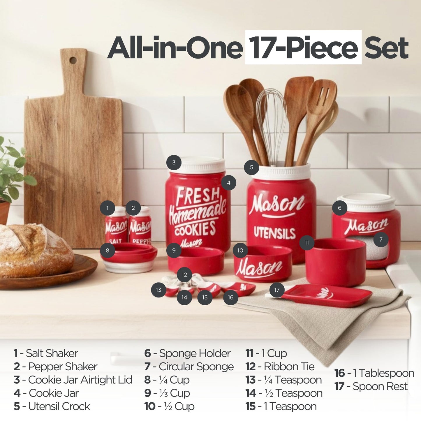Mason Jar Ceramic Canister Set, Farmhouse Canisters Sets for the Kitchen Decor, Utensil Holder, Spoon Rest, Cookie Jar, Salt & Pepper Shaker, Sponge Holder, Measuring Cups & Spoons (Red, 17-Pc Bundle)
