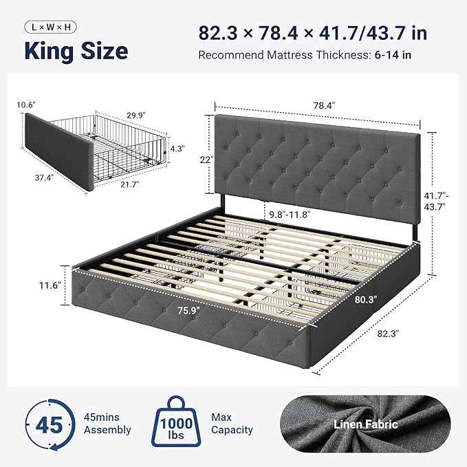 Allewie Upholstered King Size Platform Bed Frame