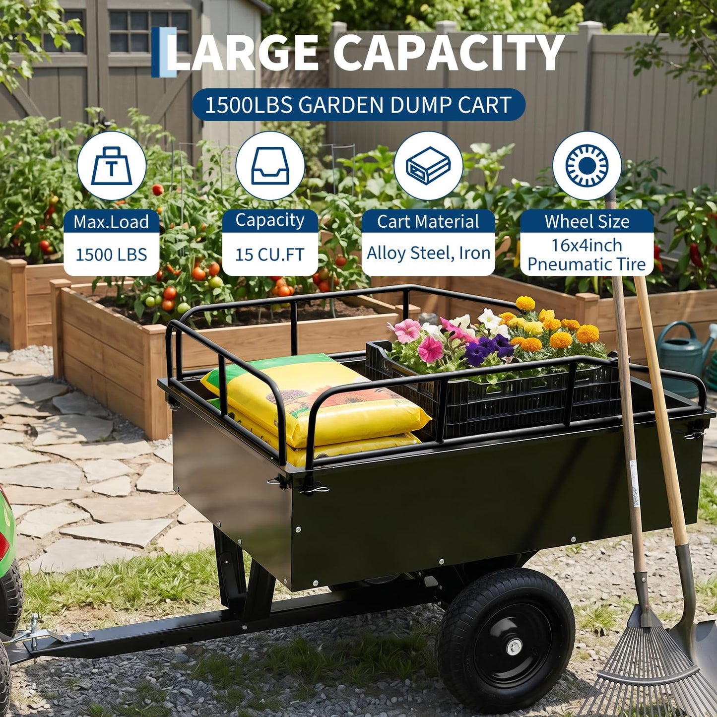 750 LBS Capacity Utility Dump Trailer, 15 Cu Ft Heavy Duty Steel Garden Dump Cart with Removable Sides, Foot Pedal & Hand Pull Design, Compatible with ATV UTV Lawn Mower Tractor