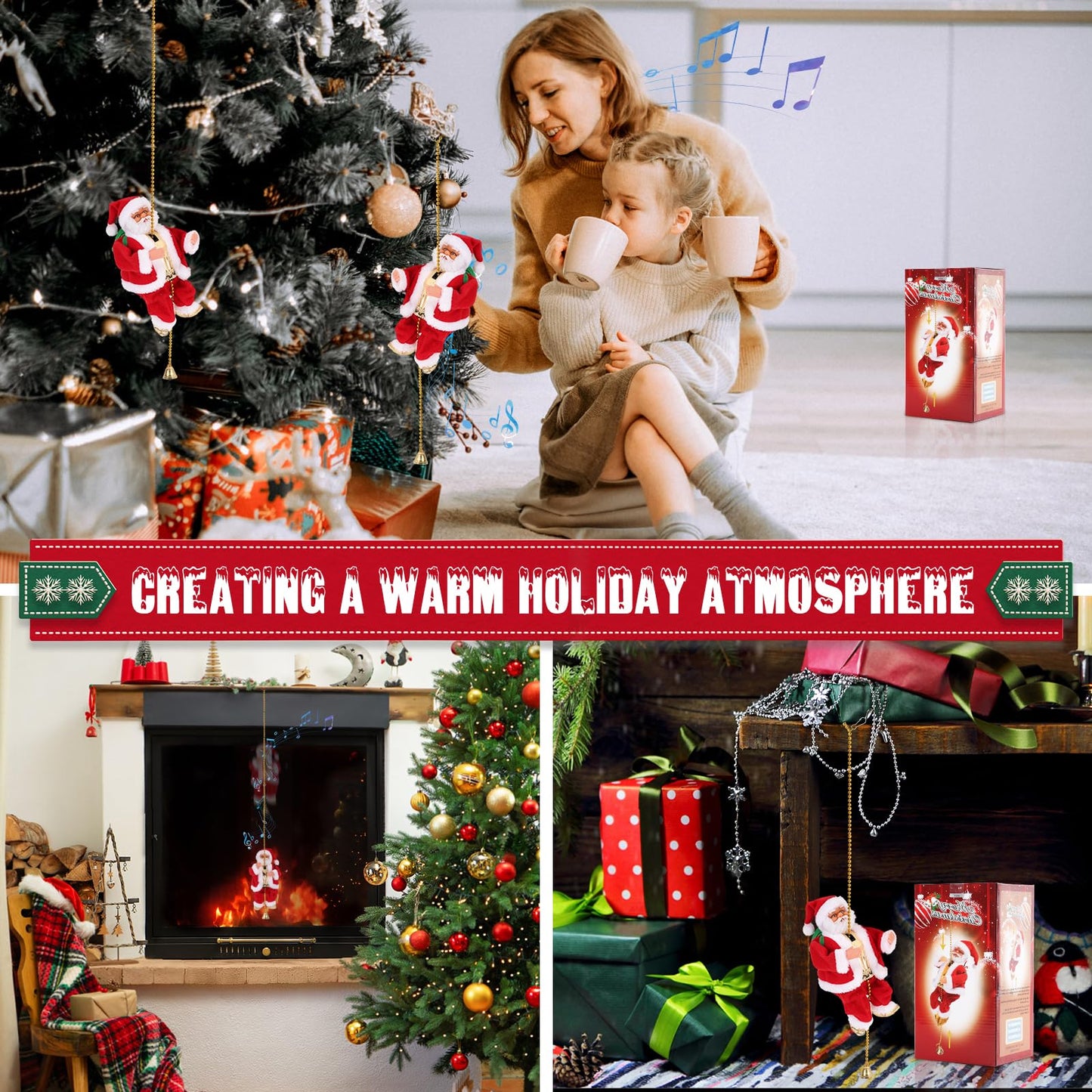 Gfilay Climbing Santa with Music, Christmas Tree Pendant Ornament Novelty Climbing Santa Claus on Rope, Holiday Decoration, Great Gift
