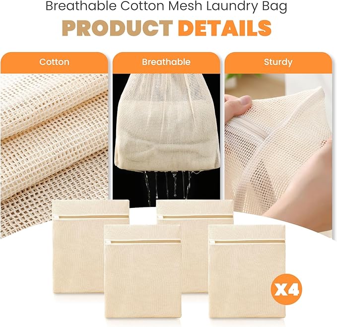 4Pcs Cotton Mesh Laundry Bags for Delicates, Breathable Mesh Garment Bag for