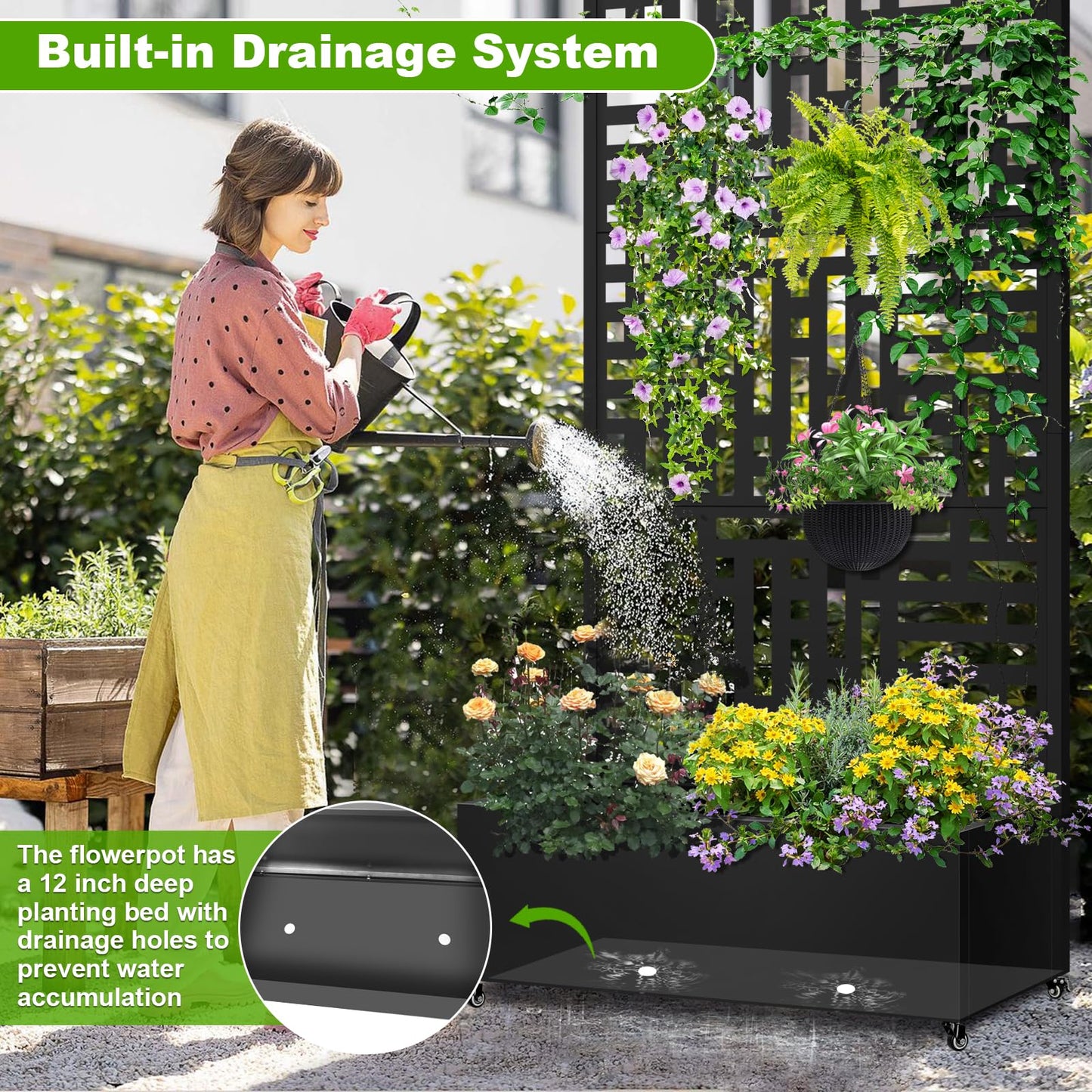 Meyoppm 72"x35"x16" Metal Planter Box with Trellis, Galvanized Steel Raised Garden Bed with Lockable Casters & Drainage Holes, Outdoor Large Planter Box for Climbing Plants, Vegetables & Flowers
