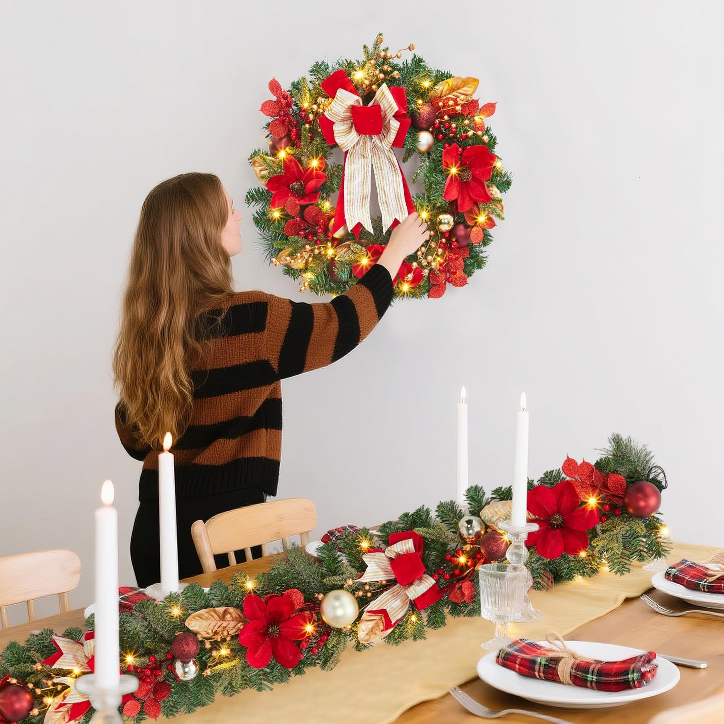 GarveeHome Christmas Wreath, 24 in Artificial Pre-Lit Christmas Wreaths for Front Door with 20 LED Lights & 8 Modes, Pine Needles & Red Berries, Accent Decor for Winter Holiday Home Office Apartment