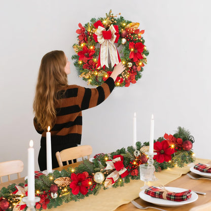 GarveeHome Christmas Wreath, 24 in Artificial Pre-Lit Christmas Wreaths for Front Door with 20 LED Lights & 8 Modes, Pine Needles & Red Berries, Accent Decor for Winter Holiday Home Office Apartment