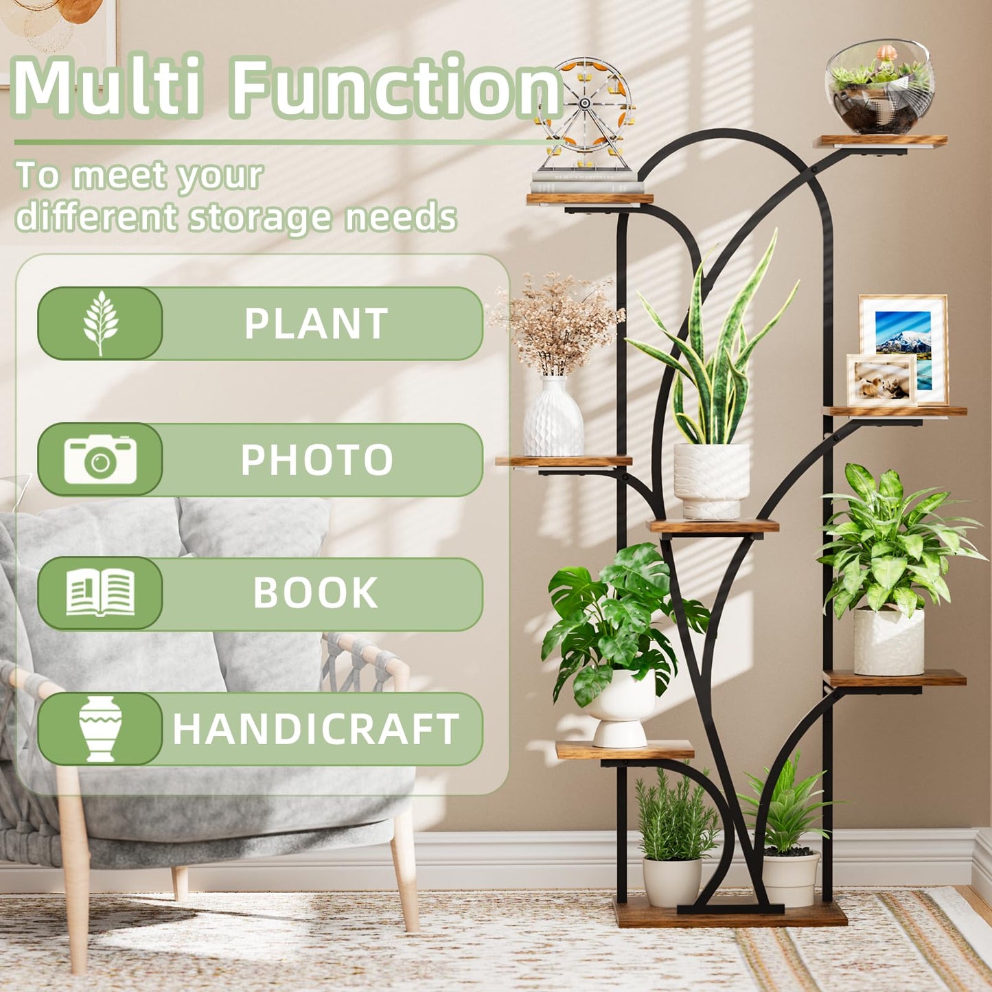 POZILAN Plant Stand Indoor with Grow Light, 55.6" Corner Plant Shelf Indoor, 8 Tiered Tall Plant Stands for Indoor Plants Display Rack Holder, Flower Stand for Balcony, Living Room, Patio