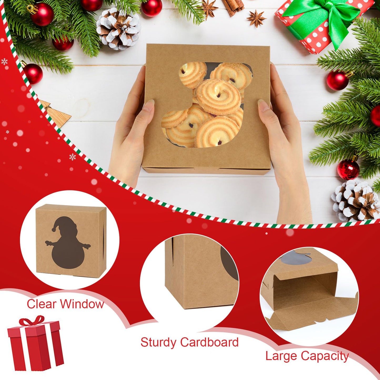 12 PCS Christmas Cookie Boxes, 6×6×3 Inches Treat Boxes Tin, Small Pastry Boxes with Window, for Gift Giving Packaging Dessert Bakery Cupcake Baked Goods (Brown)