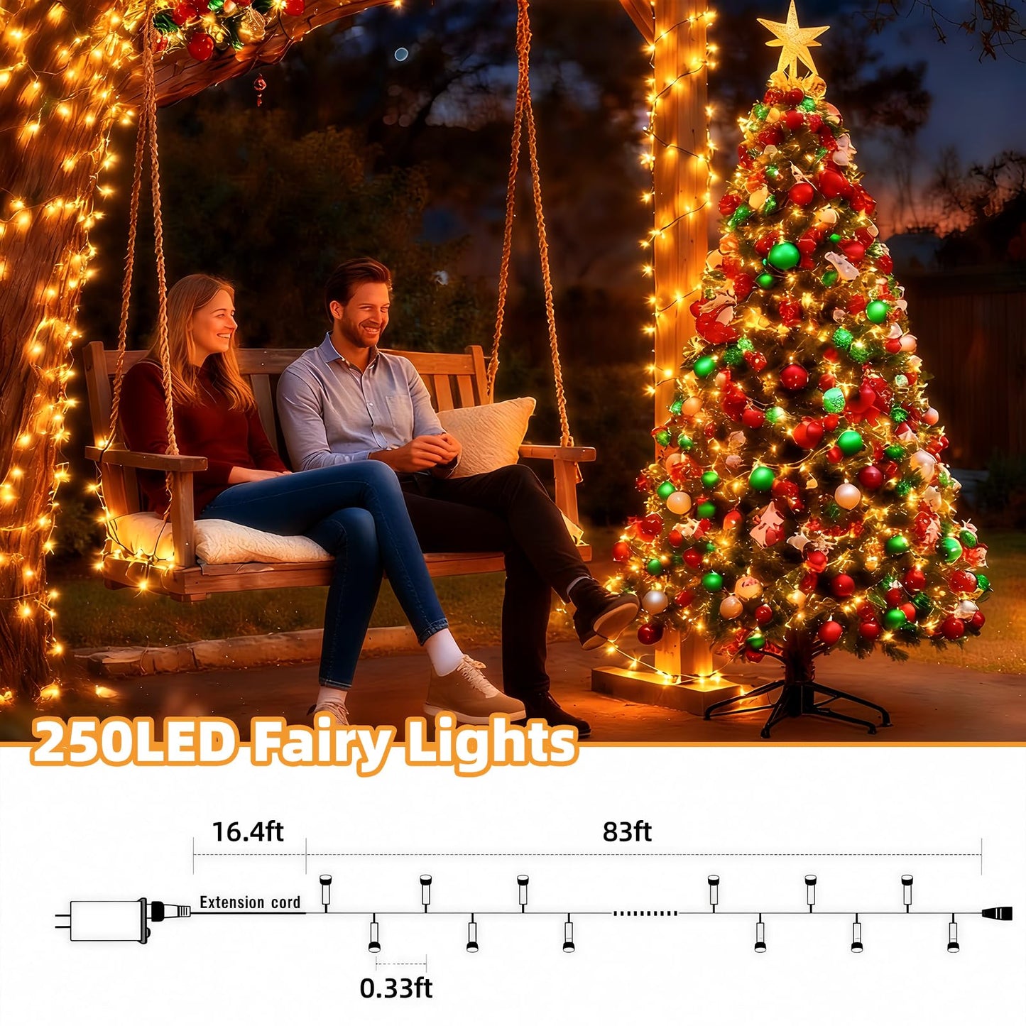 AHAWILL Warm White Christmas Lights Outdoor,83FT 250LED String Lights with 8 Modes,Christmas Tree Lights Indoor Plug in,Waterproof Twinkle Fairy Lights for Party,Classroom,Home Decor
