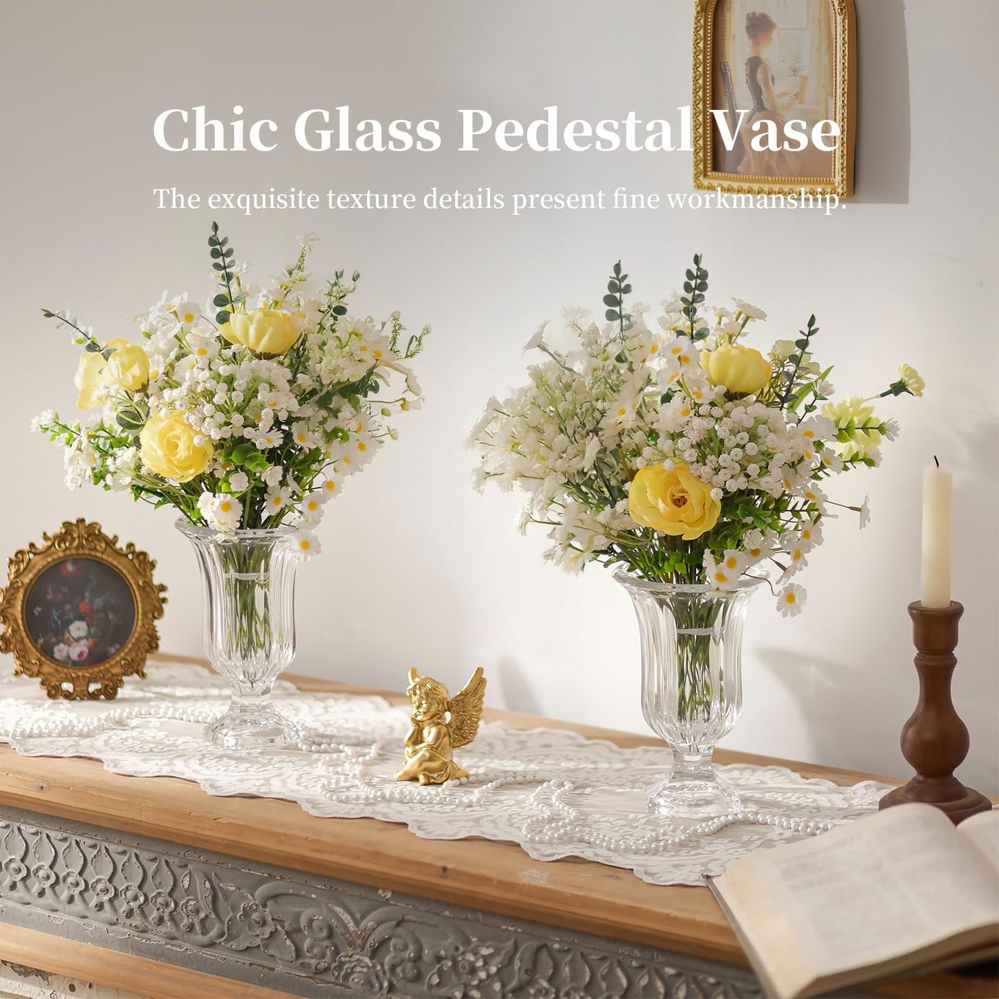 Glasseam Crystal Vases for Flowers, 7.5in Tall Vase Set of 6, Clear Glass Compote Vases and Ribbed Pedestal Bowls for Living Room Decorations Dining Table Home Decor