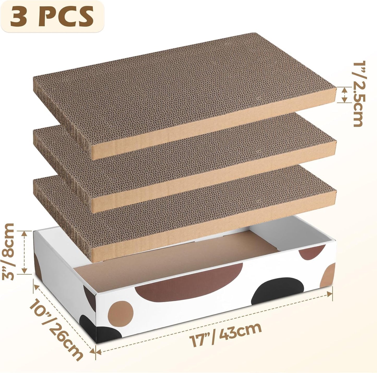 ComSaf Cat Scratching Board Mat, Reversible Cardboard Scratcher Bed 43 x 26 x 8 cm, 3 Pack Durable Scratch Pad for Indoor Cats, Grinding Claws, Playing, Sleeping