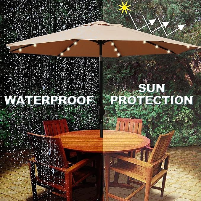 Blissun 9 ft Solar Umbrella, 32 LED Lighted Patio Umbrella, Table Market Umbrella, Outdoor Umbrella for Garden, Deck, Backyard, Pool and Beach (Tan)