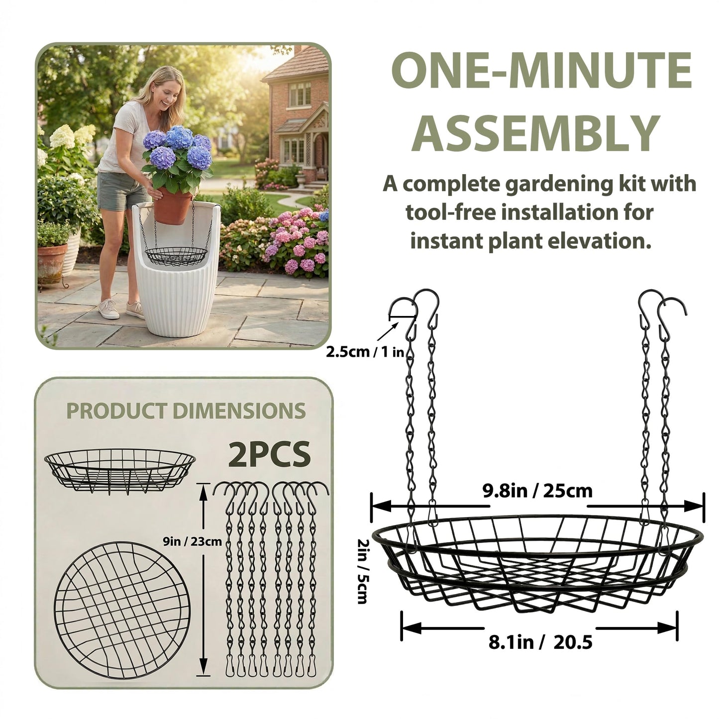 SUBENJI 2 Pack Adjustable Plant Risers for Large Tall Pots, 12-18" Planter Insert, False Bottom Pot Filler with 4 Hooks & Chains, Holds 48 lbs Rustproof Soil Saver for Indoor Outdoor Planters (Black)