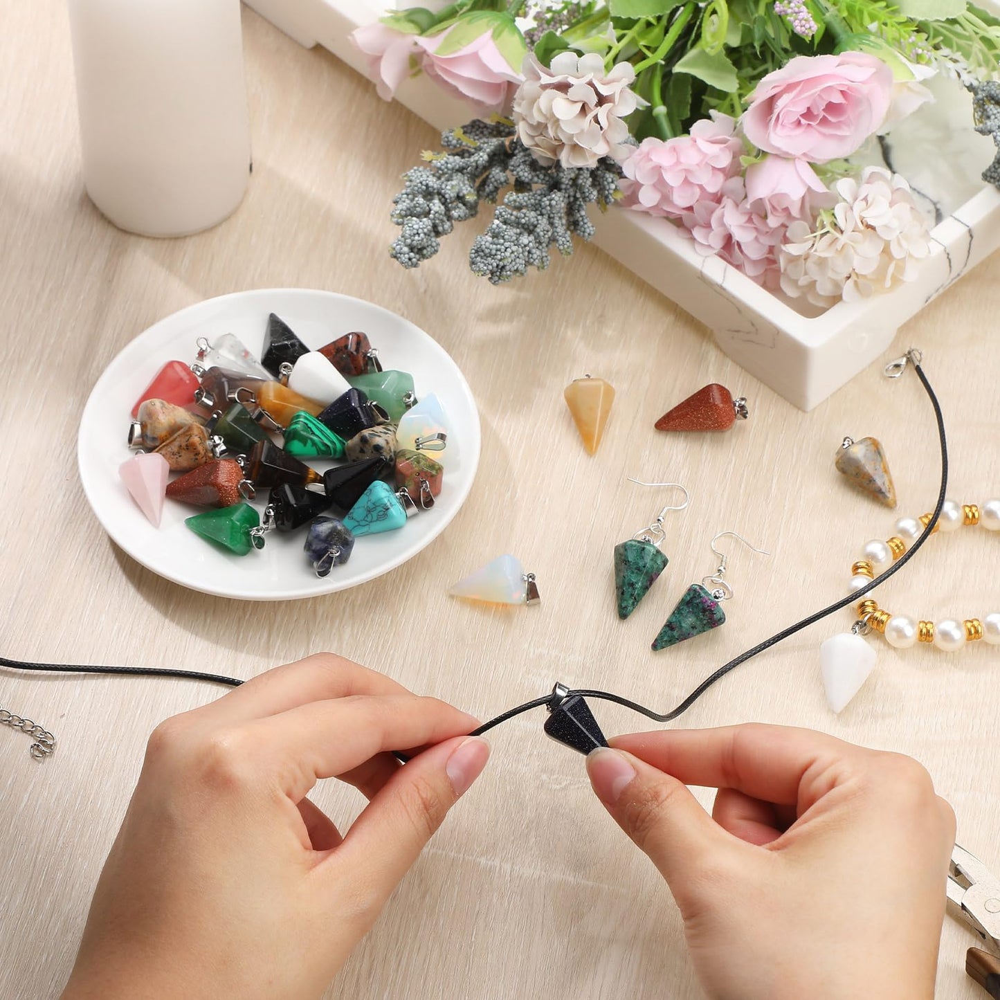 Fumete 50 Pieces Cone Pendulum Crystal Pendants Healing Stone Charms for Jewelry Making DIY Necklace Divination Witchcraft Accessories, 25 Colors
